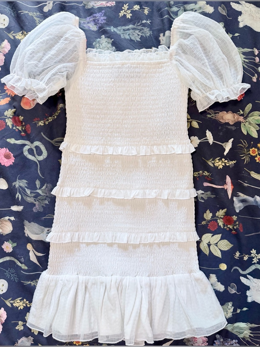 Katie J NYC Laila Dress White Smocked Mini Dress Puff Sleeves Ruffles Girls - XL